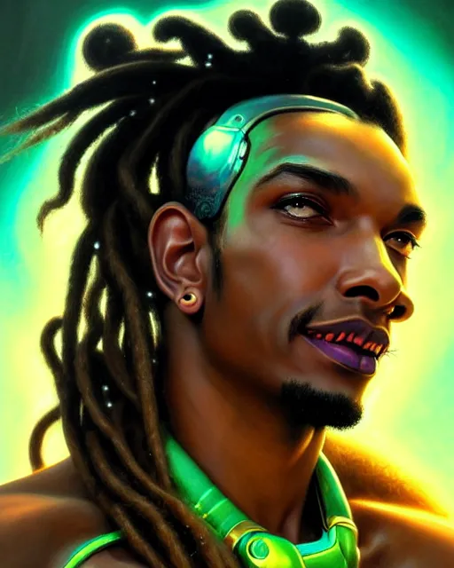 Image similar to lucio from overwatch, dreadlocks, fantasy, fantasy art, character portrait, portrait, close up, highly detailed, intricate detail, amazing detail, sharp focus, vintage fantasy art, vintage sci - fi art, radiant light, caustics, by boris vallejo