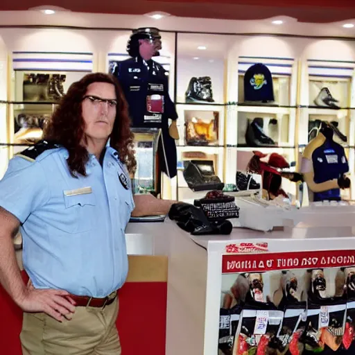 Image similar to weird al yankovich mall cop finds counterfeit good and sniffs vanilla seeds, photograph, news report