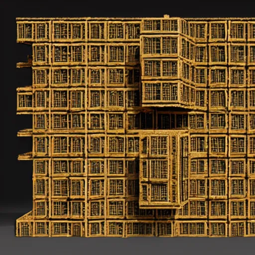 Image similar to 3 d rendering of menger sponge, the size of a building, dramatic lighting, with lights on in the windows