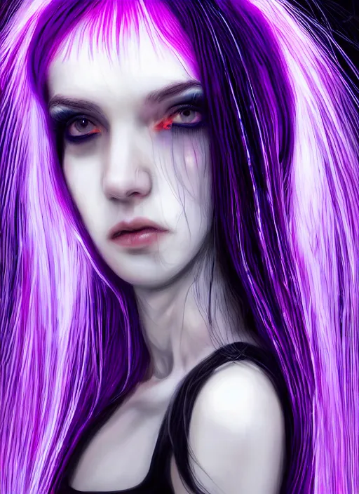 Image similar to hair whitebangs hair, black cyberlox, portrait of teenage girl with white bangs, whitebangsblackhair, messy bangs, cyberlox, whitebangs, red irises, purple clothes, intricate, elegant, glowing lights, highly detailed, digital painting, artstation, concept art, sharp focus, illustration, art by wlop, mars ravelo and greg rutkowski