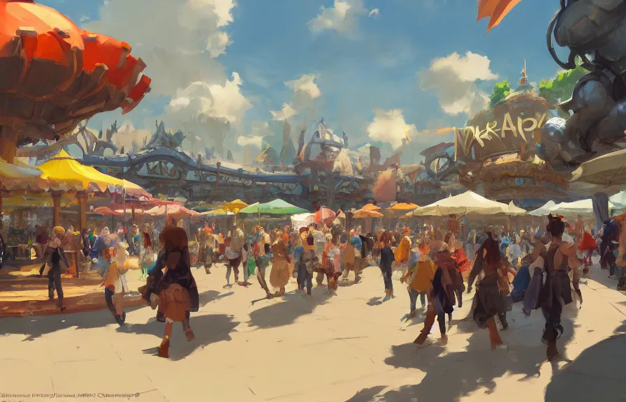 Image similar to greg manchess concept art of the millennial fair from chrono trigger, outdoor fairgrounds, colorful pavillions, key visual, ambient lighting, highly detailed, digital painting, artstation, concept art, sharp focus, by makoto shinkai and akihiko yoshida and hidari and wlop and greg rutkowski