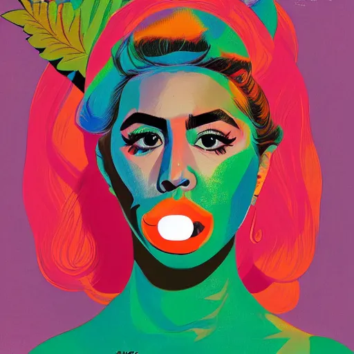Prompt: 1 9 6 2 high times magazine kali uchis portrait painting : 5 marijuana, reefer, hard edges, green white and red, geometric shapes, fisheye lens, sexy, by sachin teng : 6