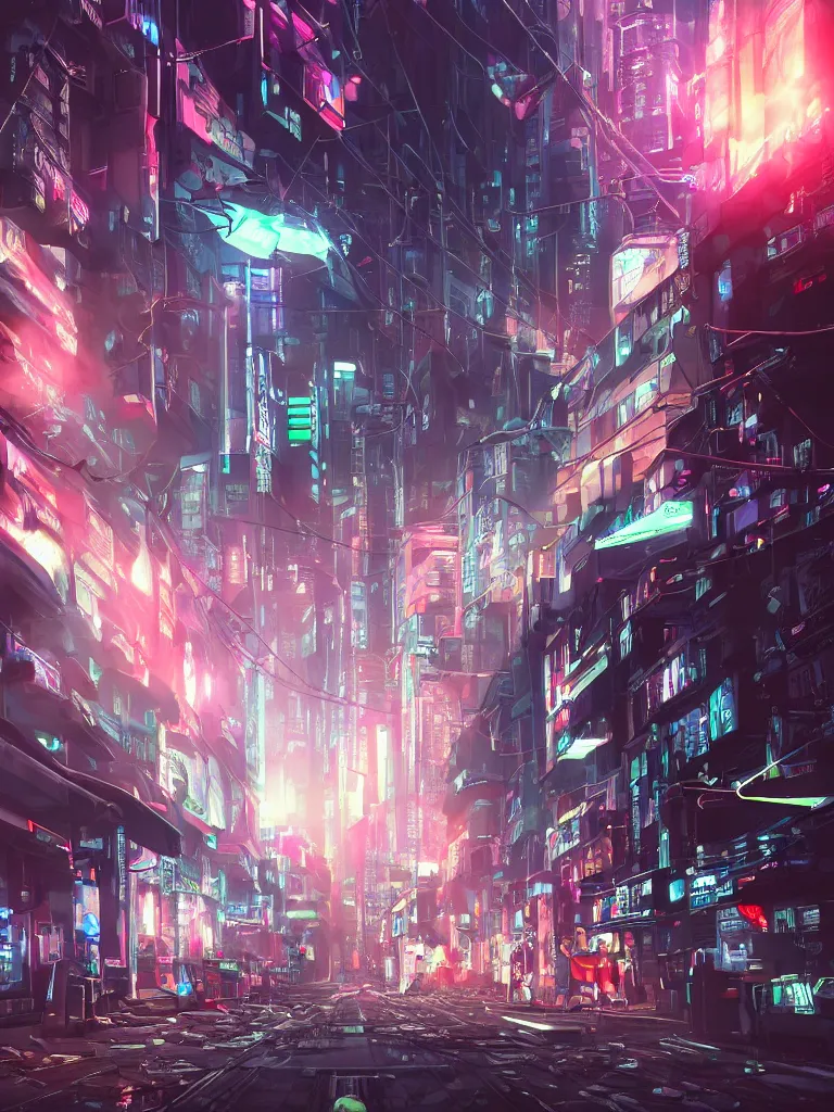 Prompt: futuristic cyberpunk street, cable stone ground. lots hanging cables, tiny wires on the ground. narrow, garbage on the ground. rain. fog, haze, evening. led screens. neon signs. ghost in the shell. very sharp. cables on the ground. very messy. futuristic. photorealistic. artstation. anime. studio gimbli style. golden rate.