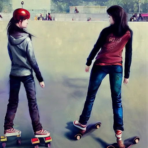 Image similar to 2 beautiful female twins at a skate park by ruan jia and mandy jurgens and artgerm and william - adolphe bouguerea, highly detailed, trending on artstation, award winning,