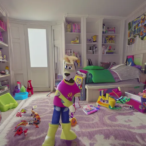 Image similar to eye - level view, in a child's bedroom filled with toys, a super cute gsd runs around in circles on an unmade bed with a toy story comforter, hilarious, funny, back to school comedy, cg animation, 3 d octane render, imax 7 0 mm,