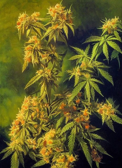 Image similar to oil painting by anders zorn, nature, bush, marijuana flowers, backlit cannabis leaves with backlight