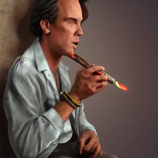 Image similar to hyperrealistic dslr film still of ace ventura smoking cracknpipe, stunning 8 k octane comprehensive 3 d render, inspired by istvan sandorfi & greg rutkowski & unreal engine, perfect symmetry, dim volumetric cinematic lighting, extremely hyper - detailed, extremely lifelike attributes & lifelike texture, intricate, masterpiece, artstation, stunning