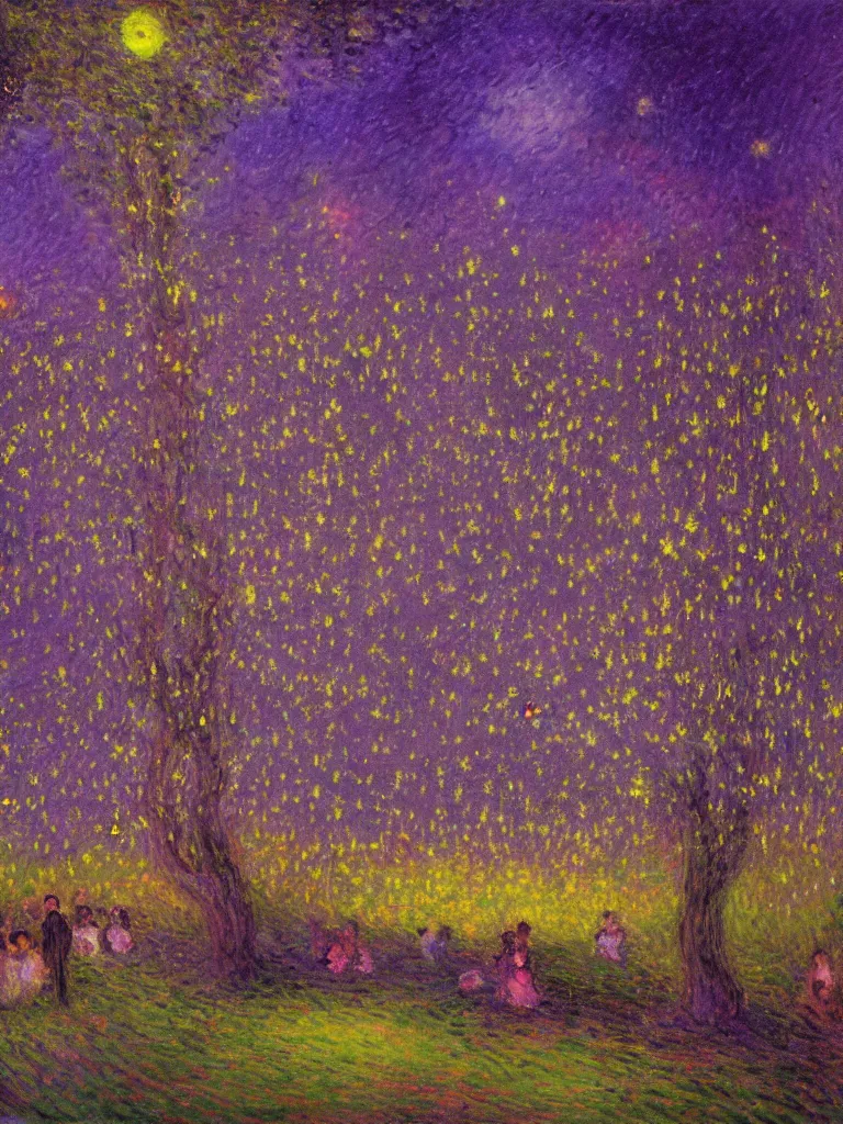 Prompt: gauzy twilight impressionist painting of fireflies in my backyard with an old apple tree in a purple cast with people! dancing in the moonlight, intense purplish color oil painting by claude monet and piet mondrian, cosmic trending on artstation 8 k