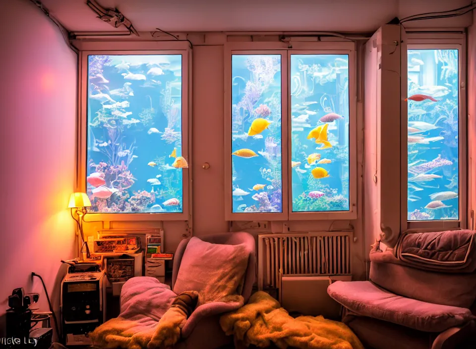 Image similar to telephoto 7 0 mm f / 2. 8 iso 2 0 0 photograph depicting the feeling of chrysalism in a cosy cluttered french sci - fi ( art nouveau ) cyberpunk apartment in a pastel dreamstate art cinema style. ( aquarium, computer screens, window ( city ), fish tank, lamp ( ( ( armchair ) ) ) ), ambient light.