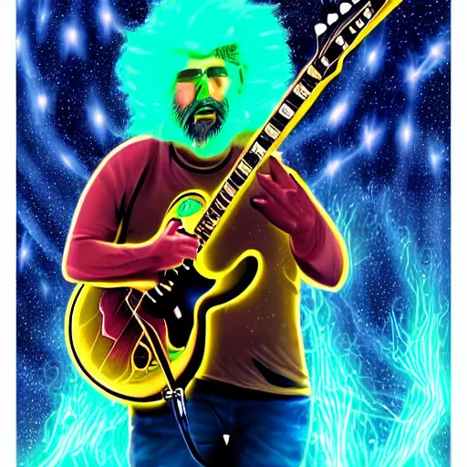 Image similar to a Jerry Garcia guitarist playing so intensely there is electricity shooting out from his guitar, energy beams under his finger tips, and magic sparkles from the freboard, amazing ditial art, trending on artstation, featured on deviantart