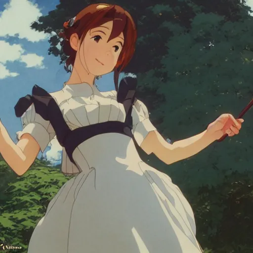 Image similar to a maid girl winking, film still, studio portrait, high quality, makoto shinkai, studio ghibli, wlop, greg rutkowski, alphonse mucha, highly detailed