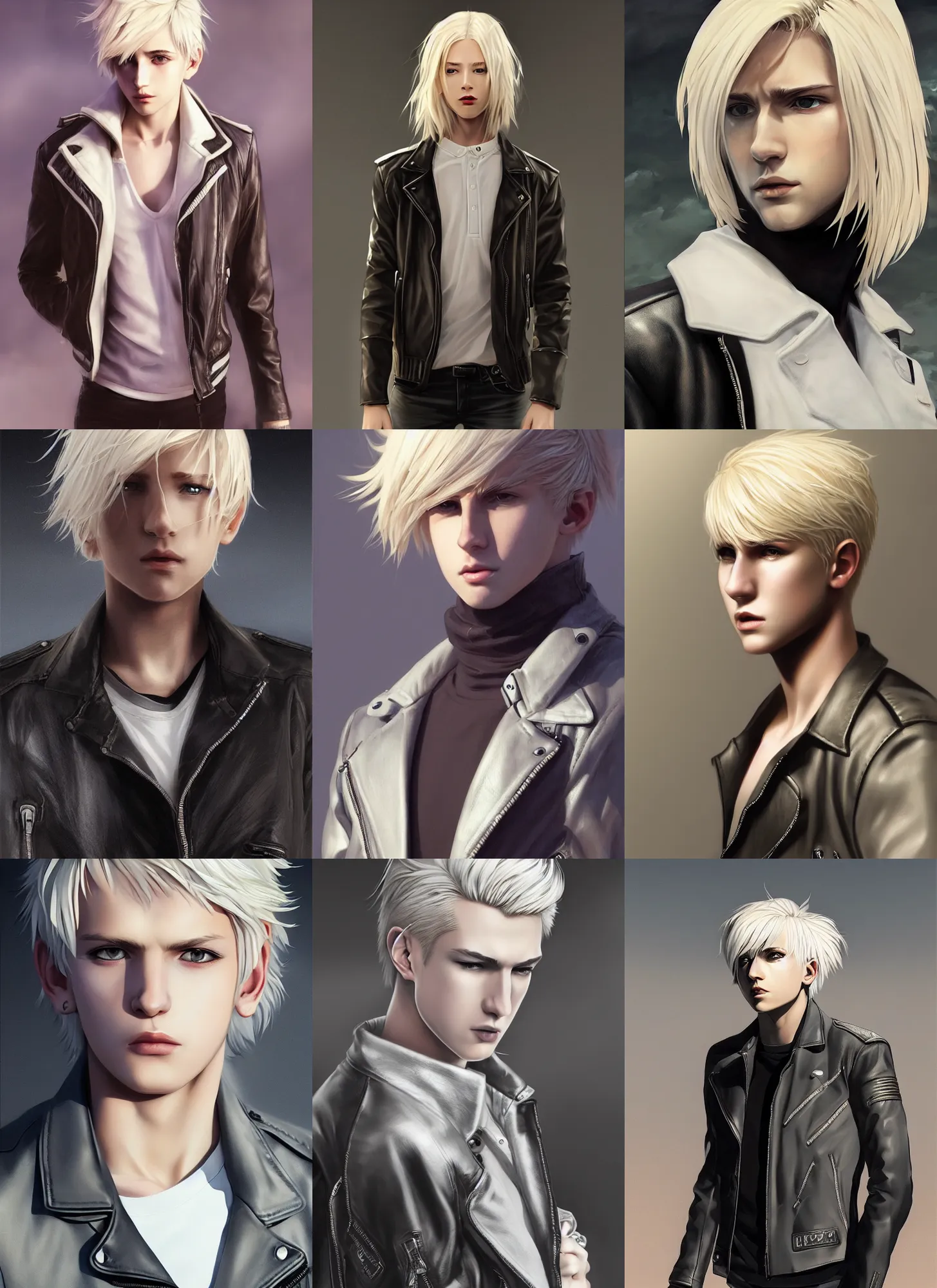 Prompt: winged beautiful teenage boy with platinum blonde hair, wearing leather jacket, beautiful, detailed portrait, cell shaded, 4 k, concept art, by wlop, ilya kuvshinov, artgerm, krenz cushart, greg rutkowski, pixiv. cinematic dramatic atmosphere, sharp focus, volumetric lighting, cinematic lighting, studio quality