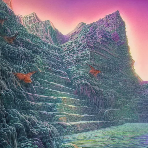 Prompt: of a matte painting of divine mountainscreen by simon bisley, trending on artstation, fine detailing abandoned angelic lagoon crayola crayon, by joe jusko and mike winkelmann, polar