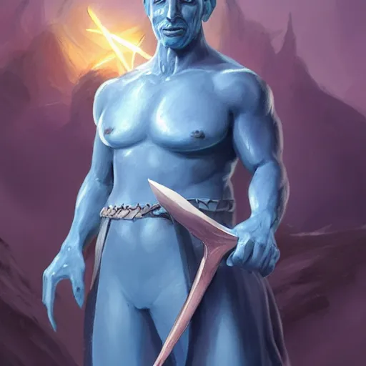 Image similar to blue-skinned 5e triton, wearing robes and holding a shark-tooth spear, naval background, fantasy, D&D 5e, 5th edition, portrait, piercing stare, highly detailed, digital painting, HD, artstation, concept art, matte, sharp focus, illustration, art by artgerm and greg rutkowski