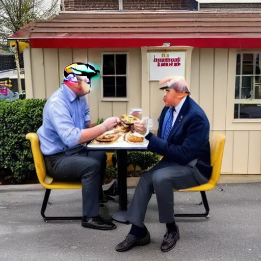 Image similar to photograph of trump and Biden sitting and eating breakfast at a Wafflehouse