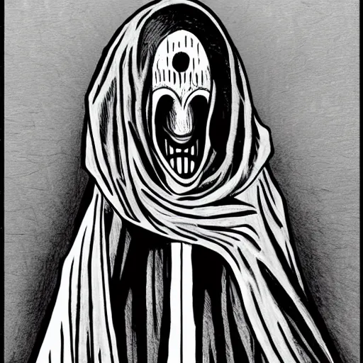 Image similar to hooded man with masked face, junji ito,