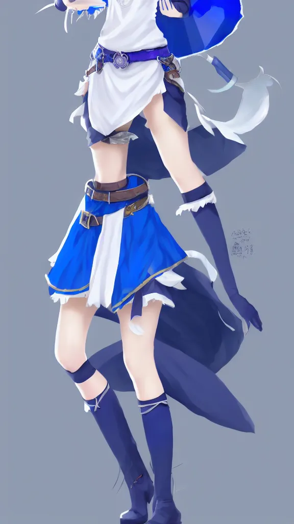 Prompt: a blue-haired alchemist girl, wearing a headband, short pale tunic and white stockings, high boots, azure cape, anime character; in the Japanese fantasy videogame; character concept art; trending on artstation, highly detailed, clean lineart