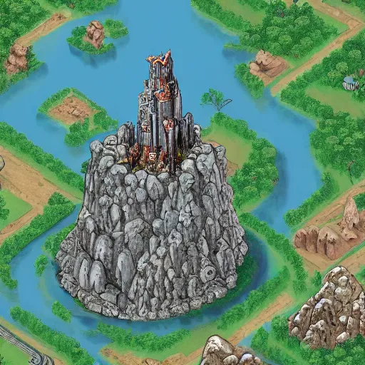 Prompt: a top down view of a town with a wizard tower in the center, a big rock with encrusted diamonds to the north, a big rock with encrusted emeralds to the south and a cave to the east, from a resource gathering game