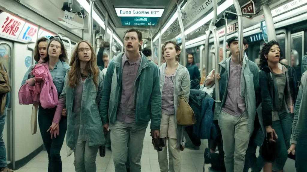 Image similar to an high quality still from an a 2 4 horror movie about riding the subway at night directed by ari aster