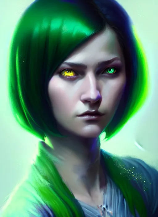 Image similar to Portrait of young female sorcerer, D&D fantasy, her hair is green and styled in a Bob Cut, magic particles flutter in the air, she has a distant expression, and is wearing a shirt and vest, intricate, highly detailed, digital painting, artstation, concept art, sharp focus, illustration, art by greg rutkowski and Ross Tran