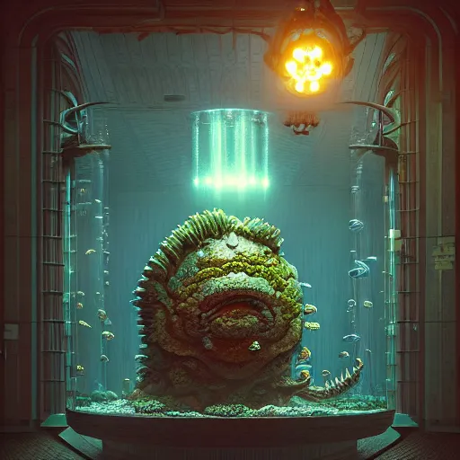 Image similar to aquarium bowl monster:: by beeple and James Gilleard and Justin Gerard :: ornate, dynamic, particulate, intricate, elegant, highly detailed, centered, artstation, smooth, sharp focus, photoreal octane render, 3d