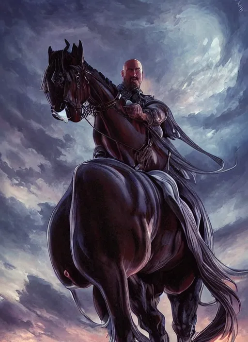 Image similar to chonky ethan van sciver with a bald head and grey trimmed beard with a pointy nose as the first horseman of the apocalypse riding a strong big black stallion, horse is up on its hind legs, beautiful artwork by artgerm and rutkowski, breathtaking, beautifully lit, dramatic, full view