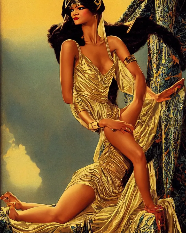 Image similar to zendaya as isis the Egyptian goddess, a beautiful art nouveau portrait by Gil elvgren, Nile river environment