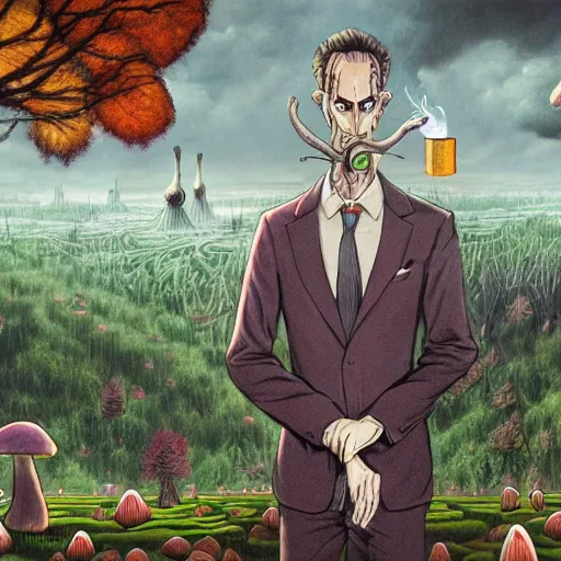 Image similar to a centered chest up portrait of a psychedelic demonic anthropomorphic forest animal in a suit smoking a hand - rolled cigarette smoking heavily, magic mushroom village in background. award winning. superb resolution. in the art style of junji ito and greg rutkowski. detailed mushroom city in background. hyper realistic anime. perfect art. dalle 2