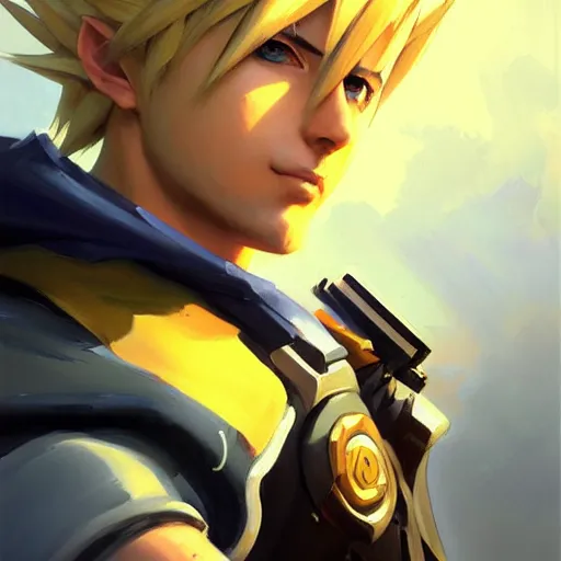 Image similar to Greg Manchess portrait painting o Cloud Strife as Overwatch character, medium shot, asymmetrical, profile picture, Organic Painting, sunny day, Matte Painting, bold shapes, hard edges, street art, trending on artstation, by Huang Guangjian and Gil Elvgren and Sachin Teng