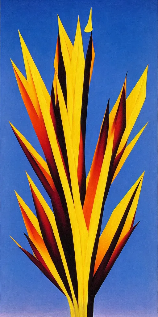 Image similar to geometric painting of birds of paradise by rene magritte