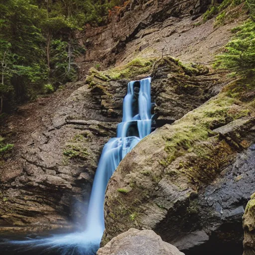 Image similar to A waterfall flowing over a cliff into a rocky cove below, detailed, sharp focus, dynamic lighting, 100mm lens by Alyn Spiller and Alayna Danner