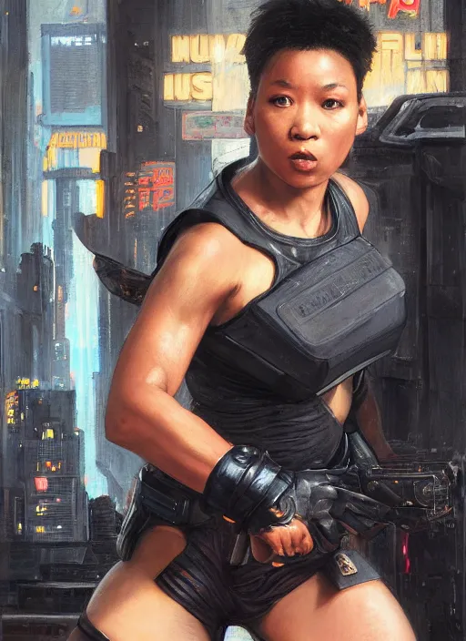 Image similar to black chun li teaching martial arts. cyberpunk police trooper in a military vest ( blade runner 2 0 4 9, cyberpunk 2 0 7 7 ). orientalist portrait by john william waterhouse and james gurney and theodore ralli and nasreddine dinet, oil on canvas. cinematic, hyper realism, realistic proportions, dramatic lighting, high detail 4 k