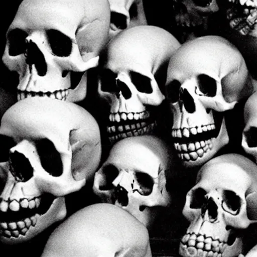 Prompt: Skulls lying on a shelf. Close Up Shot, Dark Fantasy, Film Noir, Black and White. High Contrast, Mike Mignola, D&D, OSR