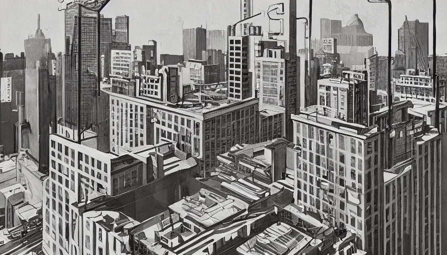 Image similar to american city, modern times, a weird apartment, four stories high, with a huge water tank on the roof. the color of the picture is gray, and the painting style is retro