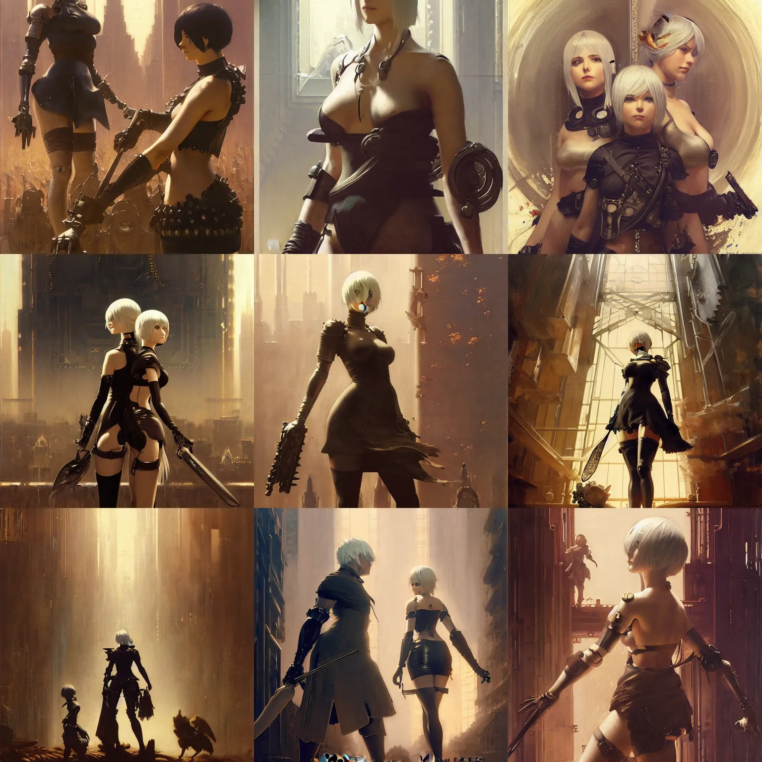 Prompt: nier automata poster, highly detailed painting by gaston bussiere, craig mullins, j. c. leyendecker 8 k