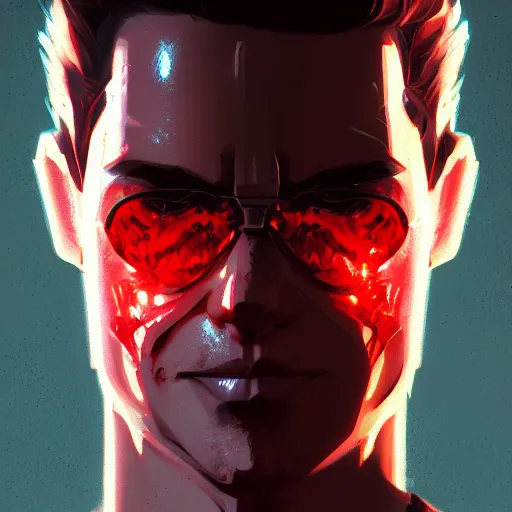 Image similar to portrait of metal ryan reinolds, terminator red eyes, mattepainting concept blizzard pixar maya engine on stylized background splash comics global illumination lighting artstation lois van baarle, ilya kuvshinov, rossdraws