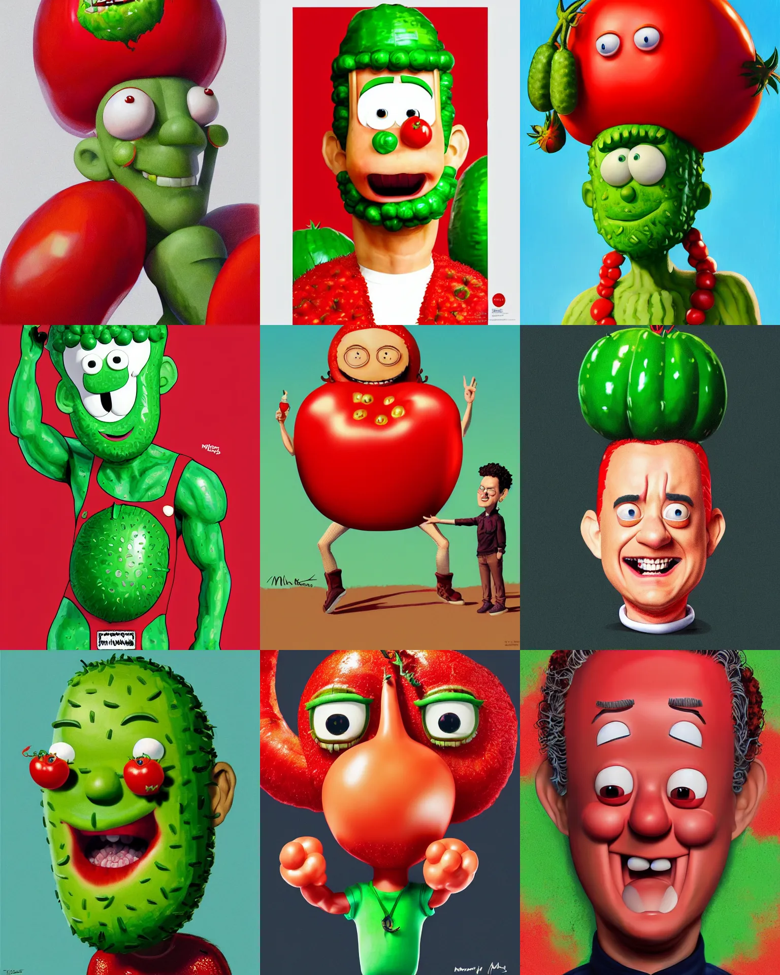 Prompt: tom hanks as tomato hanks mascot, his skin is red with green hair representing the stem, pickle rick, dramatic lighting, london fashion week, bedazzled fruit costumes, shaded lighting poster by magali villeneuve, artgerm, jeremy lipkin and michael garmash, rob rey and kentaro miura style, trending on art station