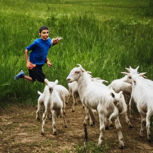 Prompt: scared guy running away from a pack of goats at the farm