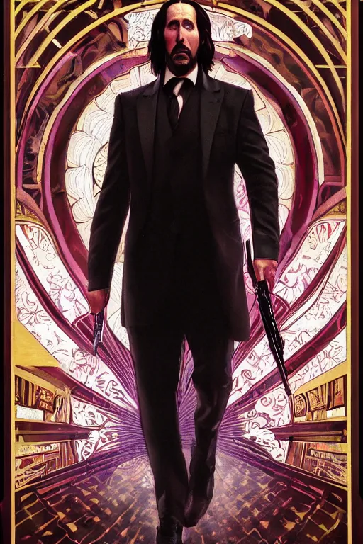 Image similar to a dramatic ethereal epic painting of nicolas cage as john wick | tarot card, art deco, art nouveau, realistic | deatiled face, dramatic lighting | by Dresden Codak, by Mark Maggiori and Alphonse Mucha | trending on artstation