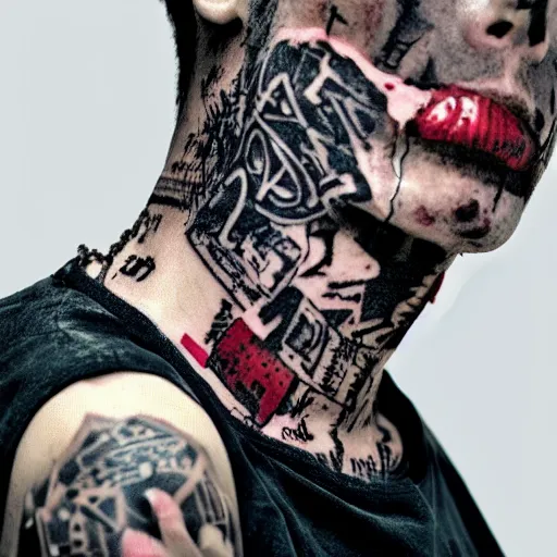 Prompt: a torn shirt, on his neck there is a chain on the right eye crying while holding his head up, showing his neck which has a tattoo uses vhs art style, but more 8 k highest resolution