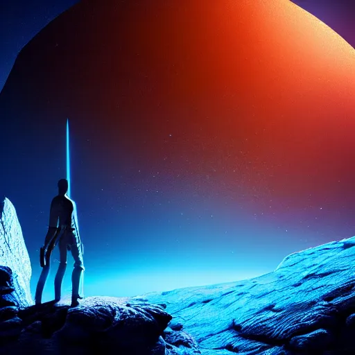 Prompt: hyperrealistic sword standing on a glowing rock, distant planet in background, fog, glow, sharp, 4 k, lens flare, highly detailed digital art, trending on artstation, masterpiece