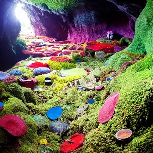 Image similar to a colorful fungus garden in a cave, birds eye view, hiroo isono, dark, foggy, cavern, underground!!!!, beetles running through the moss, psychedelic, river running through it