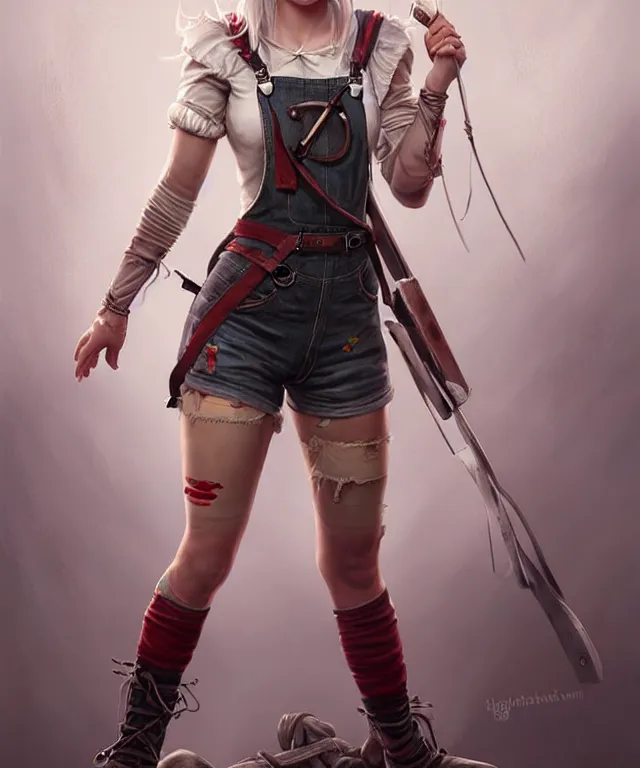Image similar to full body pose, ciri, torn overalls, short shorts, combat boots, beautiful, highly detailed face, true anatomy!, extremely detailed!, digital painting, unreal engine 5, art by tom bagshaw