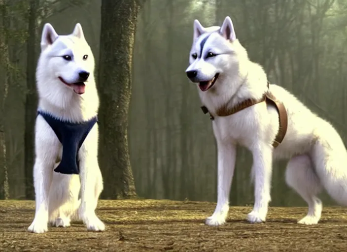 Image similar to film still of an anthropomorphic standing upright man dog white vested husky!!!!!! in a white vest wearing a white vest!!!!! in the new sci - fi movie, 8 k