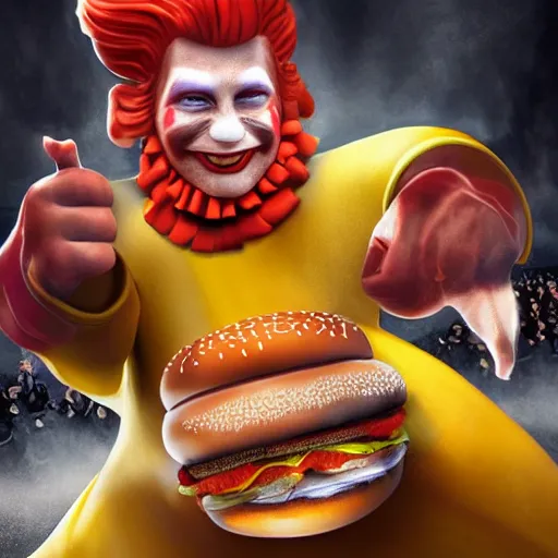 Image similar to Hyperrealistic ultradetailed digital art of Ronald McDonald and the Burger King fighting , realistic, detailed lighting, cinematic, trending on artstation and 500px and behance