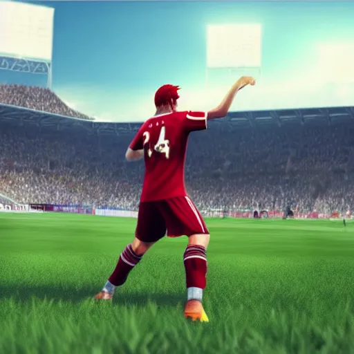Prompt: a screenshot of red haired shanks onepiece in fifa 2 2, ea games, rtx, nvidia geforce, best graphics