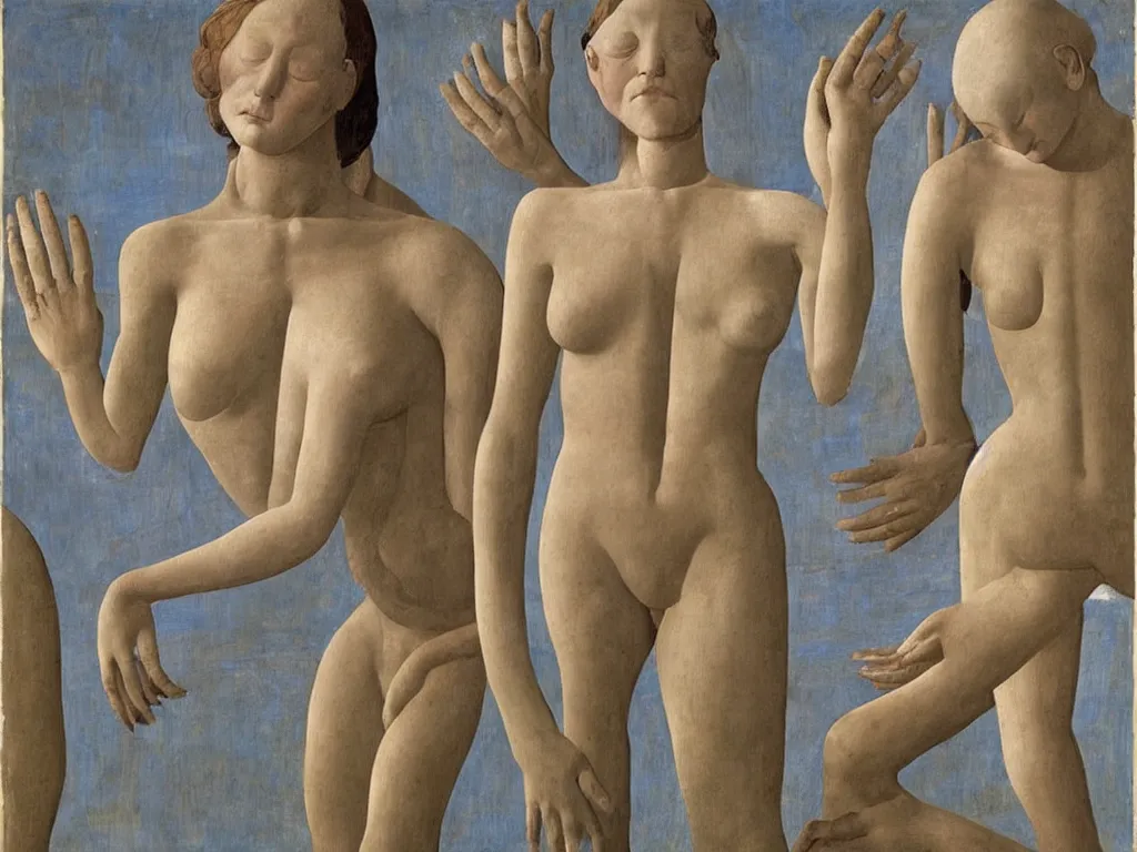 Prompt: Woman with five feet and five arms, sculpted by Henri Moore, transforming into a rock and a flower. Painting by Piero della Francesca, Morandi, Alex Colville