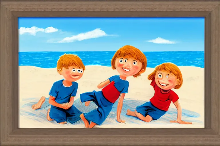 Prompt: Two happy children sitting on the beach making sandcastles, blue sky, HD, comic book frame by Benji Davies