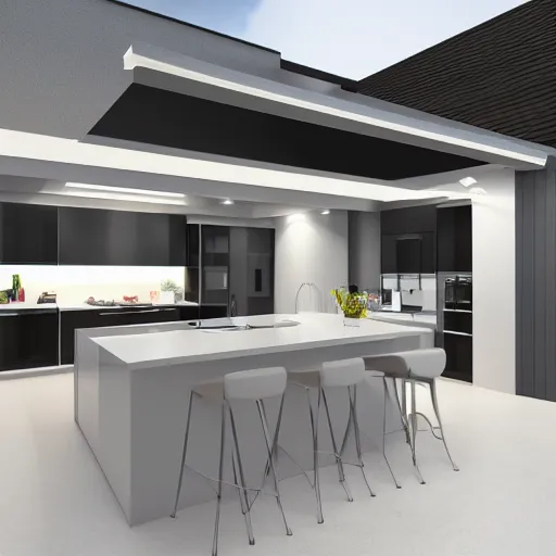 Prompt: modern kitchen with rgb led strip lighting roof lantern, homes and gardens, super detailed render, award winning,