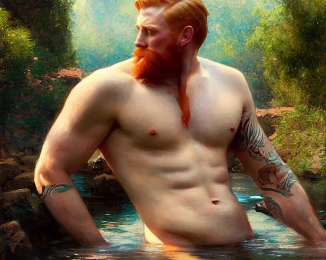 Image similar to handsome tattooed ginger gym bro bathes in the river, painting by artgerm, gaston bussiere, craig mullins, j. c. leyendecker, tom of finland